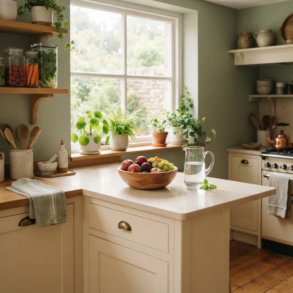 A calm, uncluttered kitchen counter with a bowl of fresh fruit and a pitcher of water in morning light